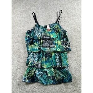 VTG Y2K Tank Womens M Blue Green Tribal Ruffle Layered Boho Style FairyCore Boho